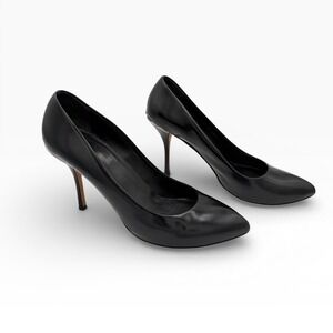 Gucci‎ Interlocking GG Logo Sz 38.5 Classic Black Patent Leather Stiletto Heels